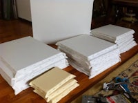 A collection of Diana K. Gibson’s stretched canvas inventory.